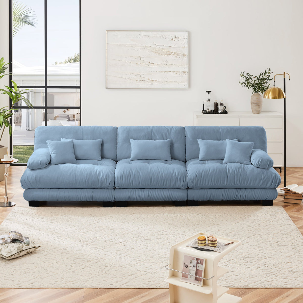 3-Seater Sectional Sofa Modular Deep Seat Sofa Couch, Chenille Sofa Soft Comfy Upholstered Furniture, Studio, Chenille Blue