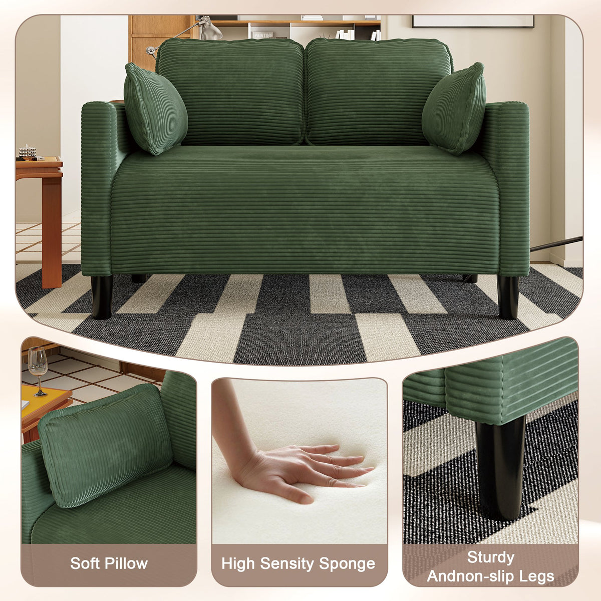 48" Soft Corduroy Loveseat Couch W/Soft Cushions,Side Storage Pocket,Sturdy Composite Board & Solid Wood Frame, High Rebound Sponge,Easy Assembly,Ideal for Living Room,Apartment,Dorm,Office.