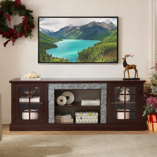70" Modern TV Stand with 2-Door Storage, Faux Stone Media Console Cabinet, Cherry Large Entertainment Center