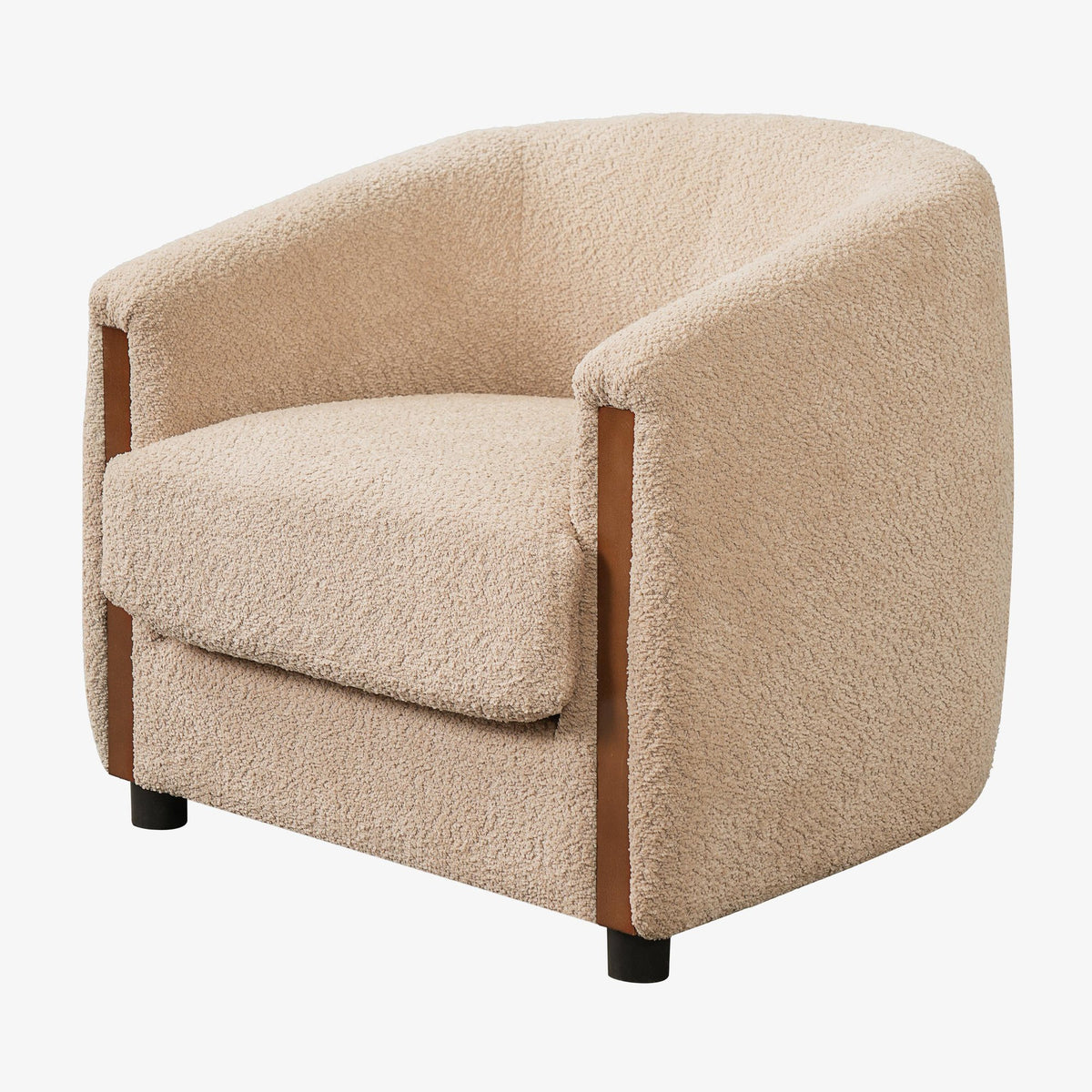 31.8" Modern Curved Barrel Accent Chair with Vertical Solid Wood Side Panels, Plush Textured Teddy Fleece Upholstered Armchair, Removable Seat Cushion Lounge Chair for Living Room Bedroom Entryway