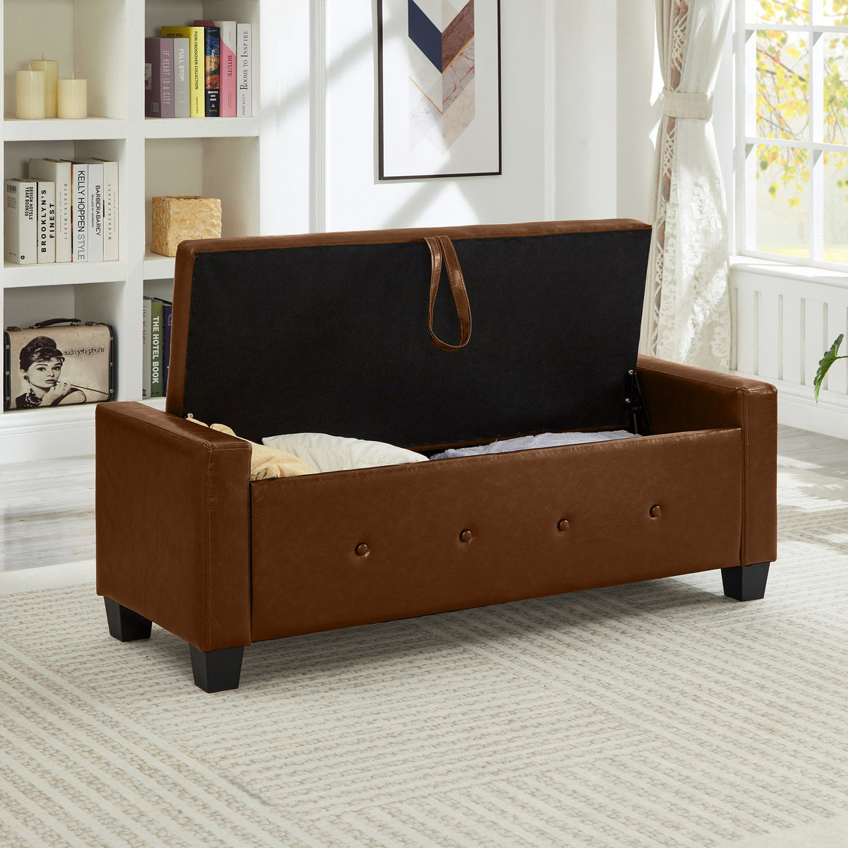 48" Ottoman Bench with Storage, Upholstered Tufted Faux Leather PU Ottoman Brown