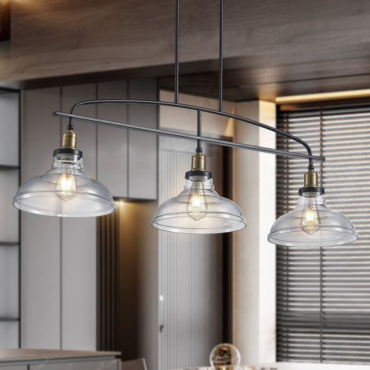 45" Industrial 3-Light Pendant Chandelier with Clear Glass Shades, Black Metal Frame, Adjustable Height