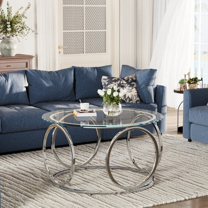 31.5"Modern Round Glass Top Coffee Table with Circular Metal Frame, Contemporary Accent Center Table for Living Room, Office, and Lounge(Ultra-Clear Glass + Chrome Frame)