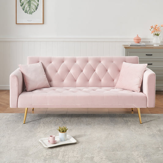 71 inch convertible love seat sofa, American retro pink velvet, suitable for small living room, bedroom, office
