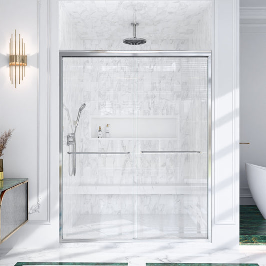 56'-60" W*72" H Semi-Frameless Double Sliding Shower Door, Bypass Shower Door, 1/4" Thick SGCC Tempered Glass Door, Chrome