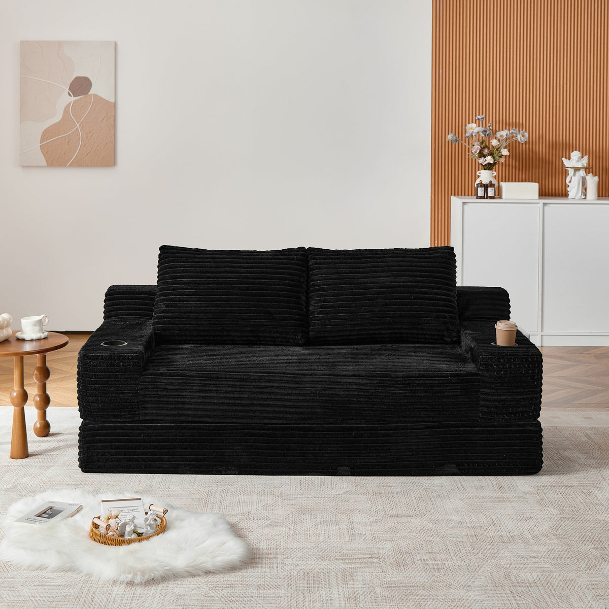 70.8-inch corduroy two-in-one sofa bed, featuring a lounge chair with two throw pillows, built-in cup holders in the armrests, and side storage pockets-ideal for living rooms, bedrooms, and relaxation
