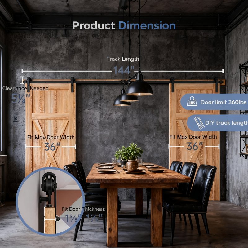 12FT Wood Double Sliding Barn Door Hardware Basic Black Big Spoke Wheel Roller Kit, 5-18FT for Choose