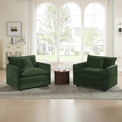 Accent Chair Set of 2, High-end Chenille Upholstered Armchairs, Living Room Side Chairs with Toss Pillow, Green Chenille