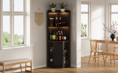 67.3" Corner Bar Cabinet with Power Outlet, Farmhouse Wine Bar Cabinet with Adjustable Shelves for Home,with Lights & Glass Rack for Dining Room, Living Room, Kitchen