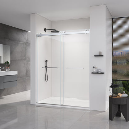 56-60*76 INCH Double Sliding Frameless Soft-Close Shower Door with Premium (8mm)Thick Tampered Glass and Easy-Cleaning Coating In --Brushed Nickel