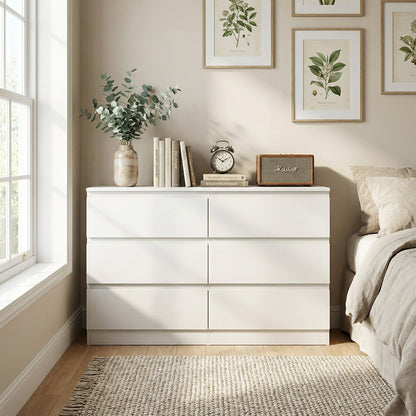 6 Drawer White Dresser, Modern Dresser for Bedroom with Spacious Countertop, Wood Storage Cabinet with Concealed Handles & 6 Deep Drawers for Bedroom, Living Room, Entryway, 15.7" D x 47.2" W x 30.9"