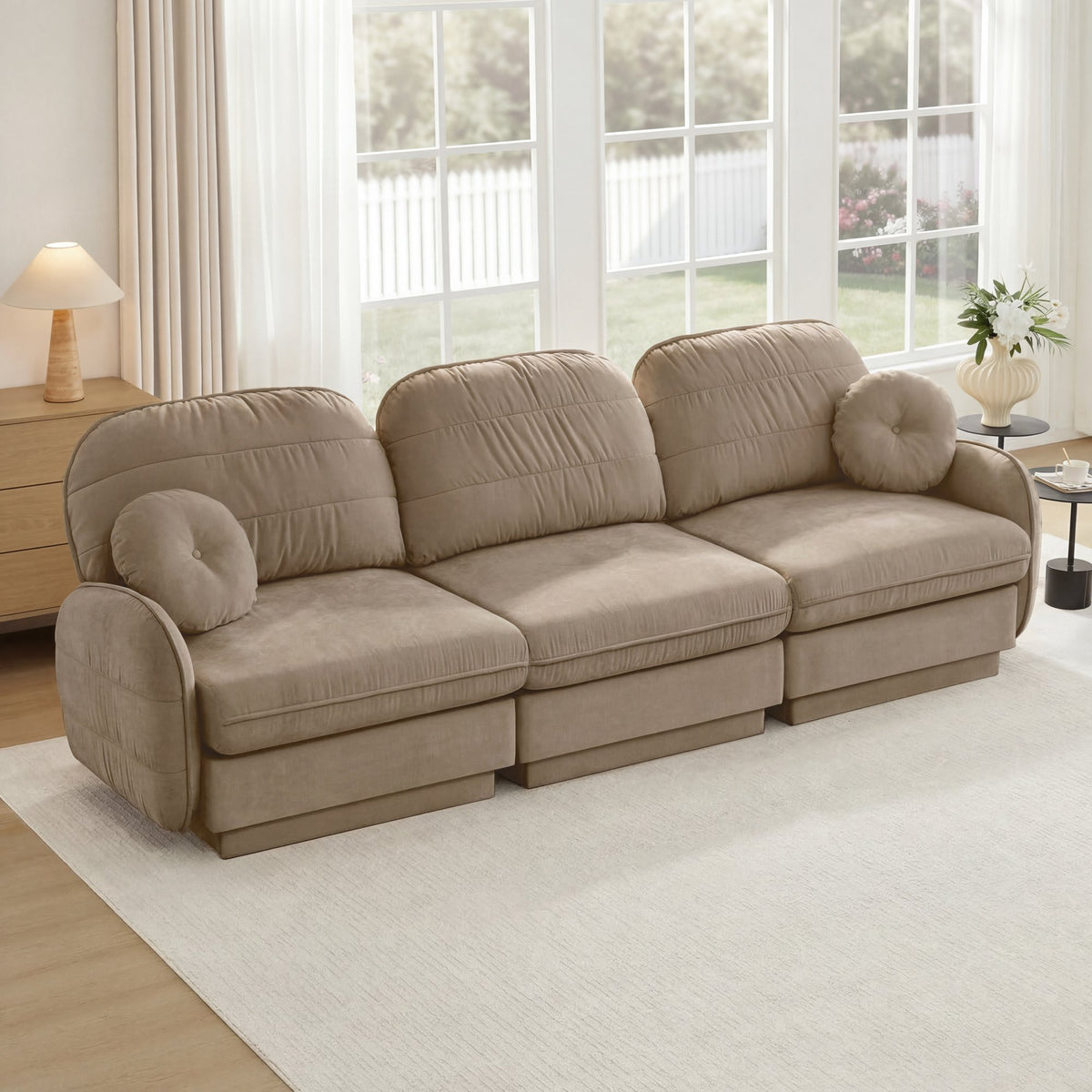 105'Chenille Cloud 3-Seater Sofa,Exquisite round pillows and quilted back cushions,Recessed Base Frame Legs,Ergonomic Design Bottom,Easy Assembly,Deep Seat Sofa Couch For Living Room,Light coffee