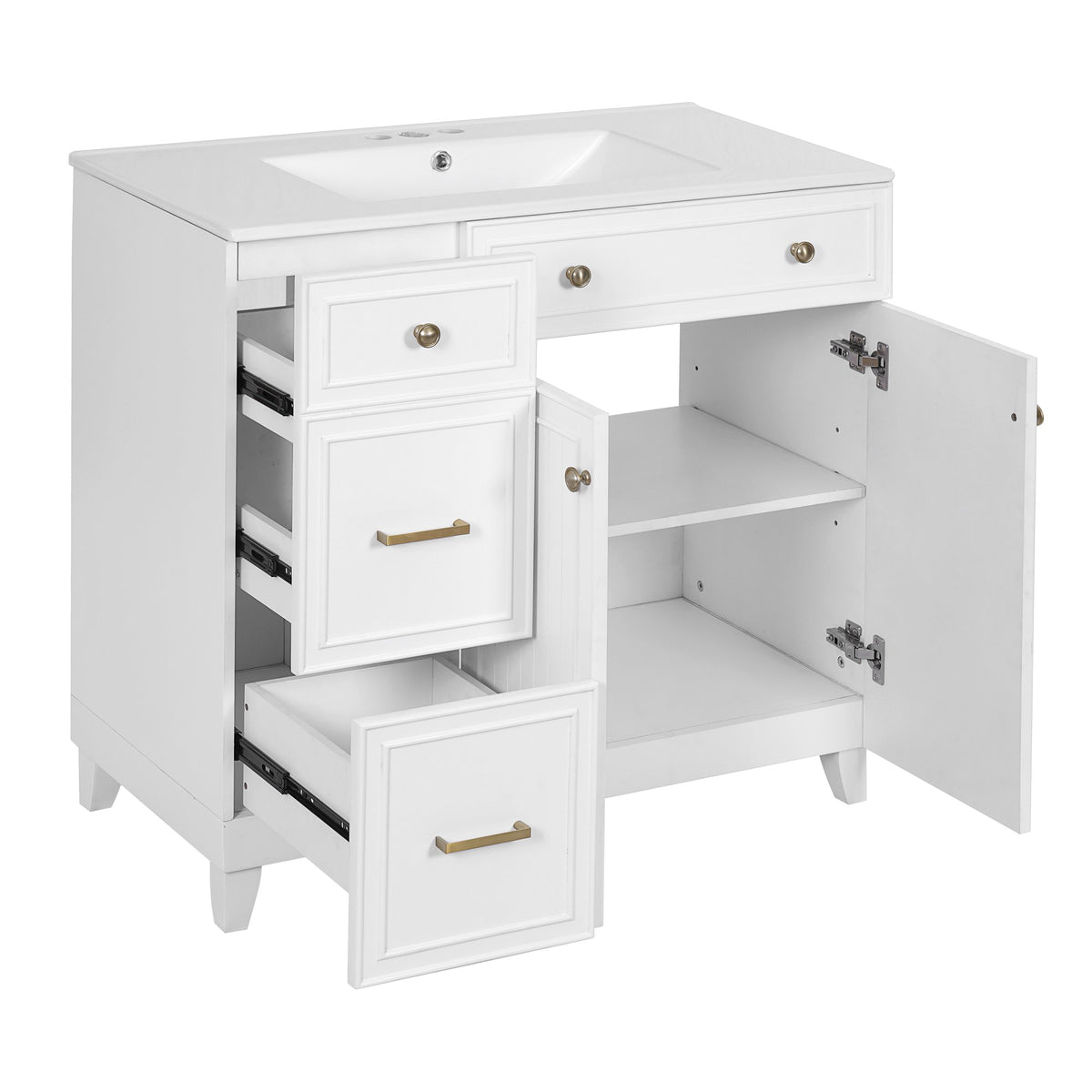 36" Modern Bathroom Vanity with Ceramic Sink, Soft Close Doors, Adjustable Shelves, Solid Wood Frame+MDF