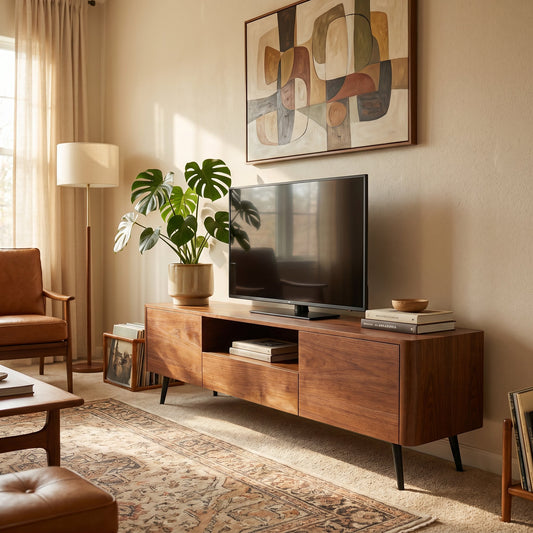 70.8-inch walnut TV stand, suitable for televisions up to 85 inches, featuring enclosed storage and cable management, soft-close hinges and iron legs, ideal for the living room RR