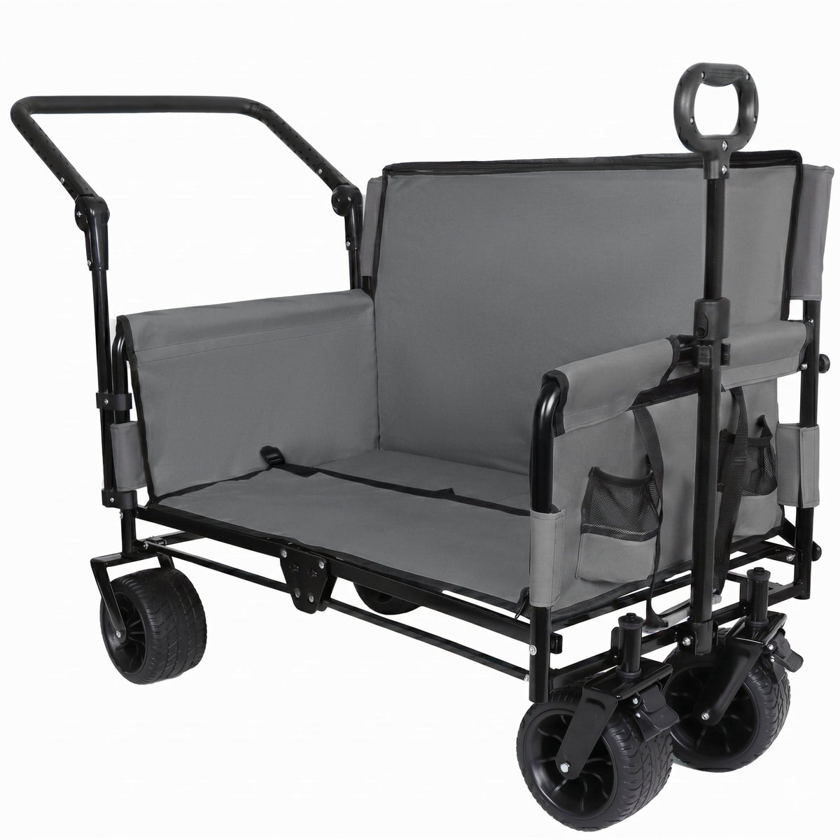 3-in-1 Folding Wagon Cart with Bench Seat & Canopy & Storage, 500lbs Heavy-Duty, 180L Capacity, All-Terrain Wagon for Camping, Beach, Sports, & Garden, Gray
