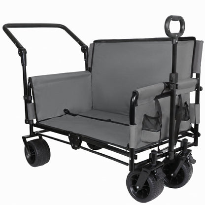3-in-1 Folding Wagon Cart with Bench Seat & Canopy & Storage, 500lbs Heavy-Duty, 180L Capacity, All-Terrain Wagon for Camping, Beach, Sports, & Garden, Gray