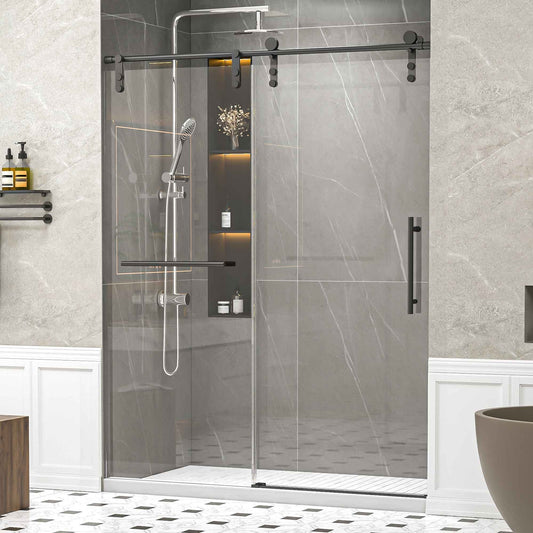56-60" W * 76" H Frameless Single Sliding Shower Doors Without Soft-Close, Bathroom Sliding Shower Door With Towel Rail And Auxiliary Handle, 5/16" (8mm) Thick SGCC Tempered Glass Door,  Matte Black