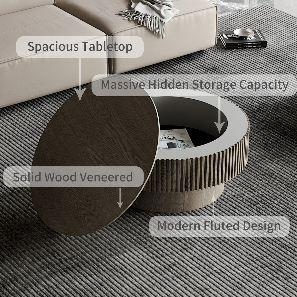 31.5'' Round Coffee Table with Storage Solid Wood Veneered Modern Coffee Table Accent Tea Table, Apartment or Office, Grey