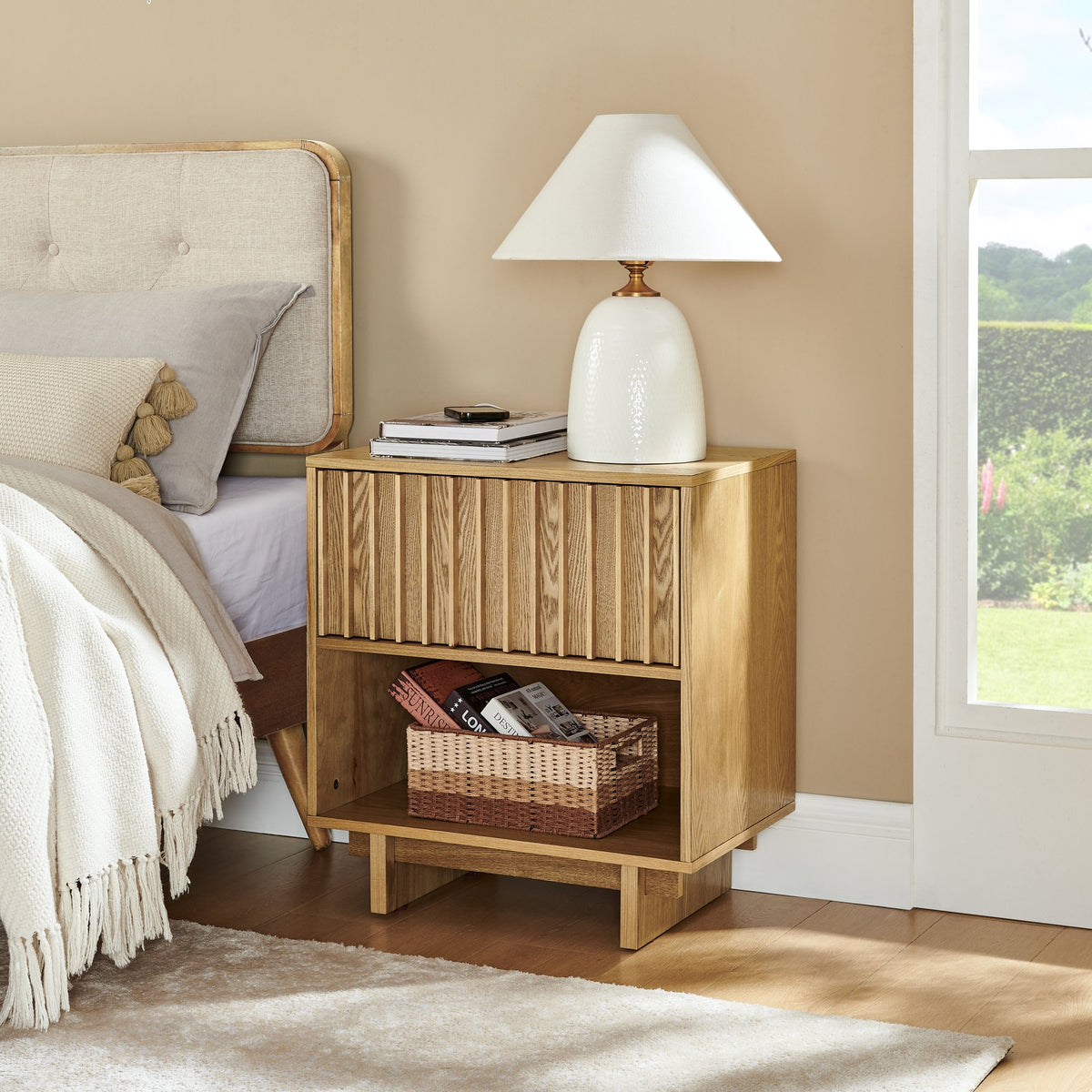 23.4" Mid Century Modern Grille Slat Nightstand with Hidden Charging Station USB Ports & Outlet Hole, Farmhouse End Table with Open Space and Drawer Dresser, Natural