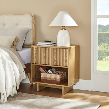 23.4" Mid Century Modern Grille Slat Nightstand with Hidden Charging Station USB Ports & Outlet Hole, Farmhouse End Table with Open Space and Drawer Dresser, Natural
