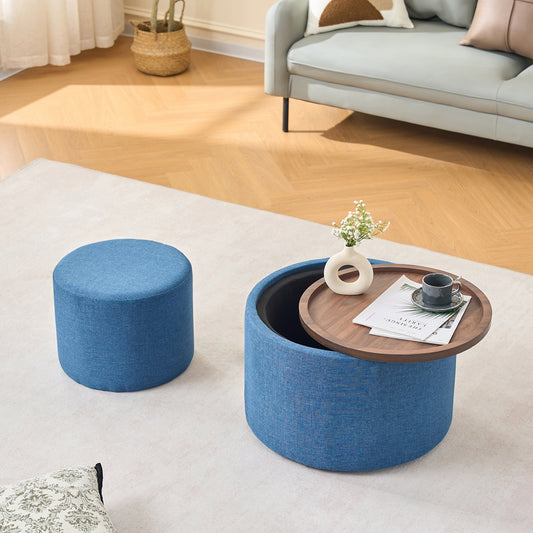 Ball & Cast Nesting Storage Ottomans of 2, Linen Upholstered Footstool w/Wood Tray, 22.75" Round Coffee Table & Bench, Blue
