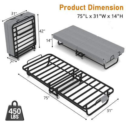 75" Folding Bed with Memory Foam Mattress, 4 Lockable Wheels Portable & Space Saving, Reinforced Steel Frame Quietly Supports 450 lbs, Folds Upright – Essential for Small Apartments & Guest Rooms