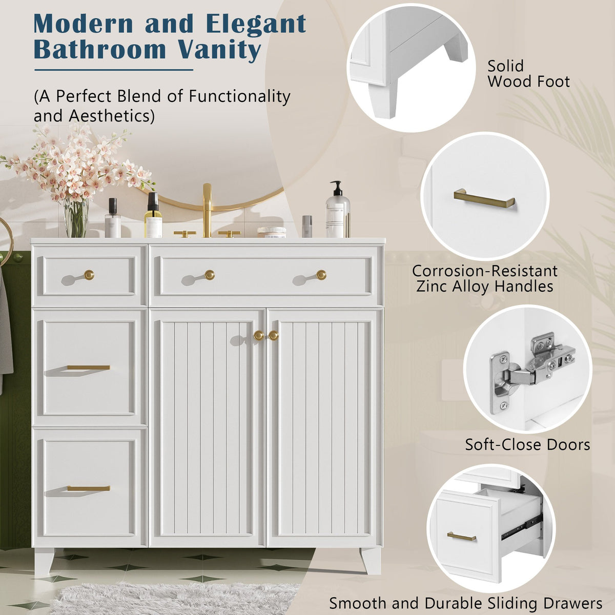 36" Modern Bathroom Vanity with Ceramic Sink, Soft Close Doors, Adjustable Shelves, Solid Wood Frame+MDF