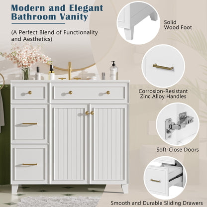 36" Modern Bathroom Vanity with Ceramic Sink, Soft Close Doors, Adjustable Shelves, Solid Wood Frame+MDF