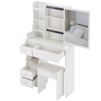 29.2" Small Space Left Drawer Desktop Vanity Table + Cushioned Stool, Extra Large Right sliding mirror, Multi Layer High Capacity Storage – Model W3258P299609