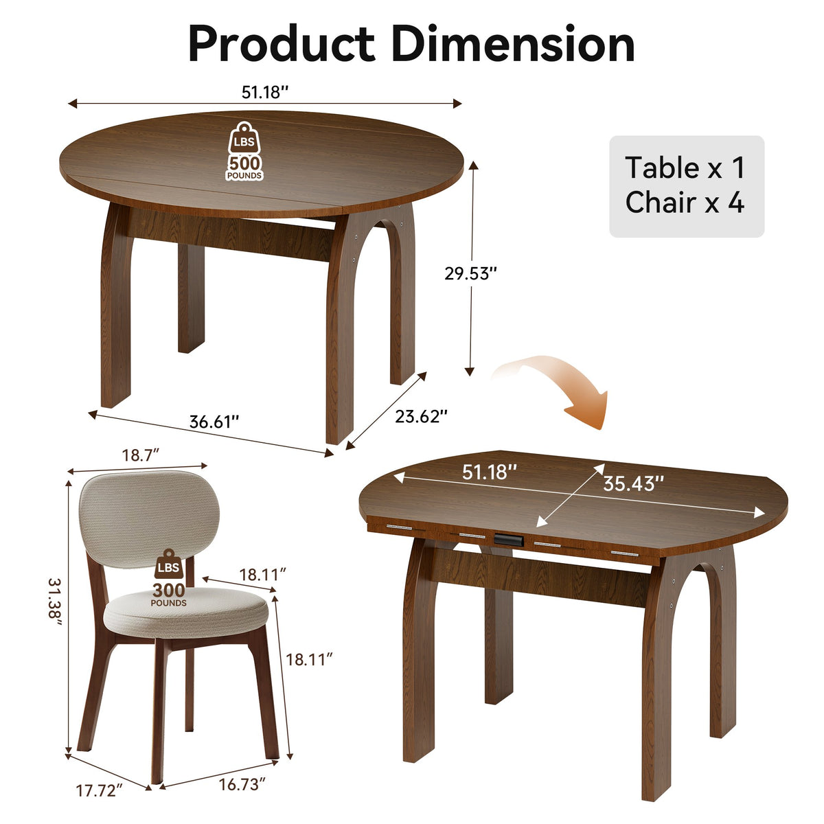 51.2" Solid Wood Extendable Dining Table Set with 4 Upholstered Chairs, 5 Piece Farmhouse Dinner Set with Walnut Finish & Arch Legs, Drop Leaf Converts Oval to Round for Small Spaces, Easy Assembly