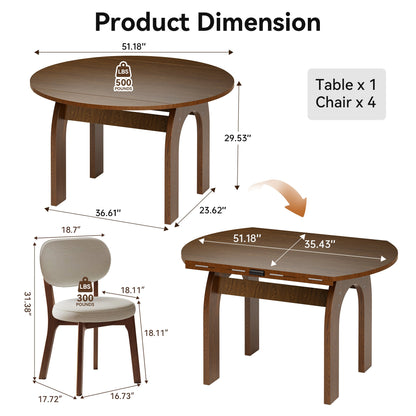 51.2" Solid Wood Extendable Dining Table Set with 4 Upholstered Chairs, 5 Piece Farmhouse Dinner Set with Walnut Finish & Arch Legs, Drop Leaf Converts Oval to Round for Small Spaces, Easy Assembly