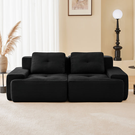82" Modern L-Shaped Modular Sectional Sofa, Corduroy Fabric, 2-Seater Couch with Deep Seat, Pearl-like piping, Tufted Design, No Assembly – Black