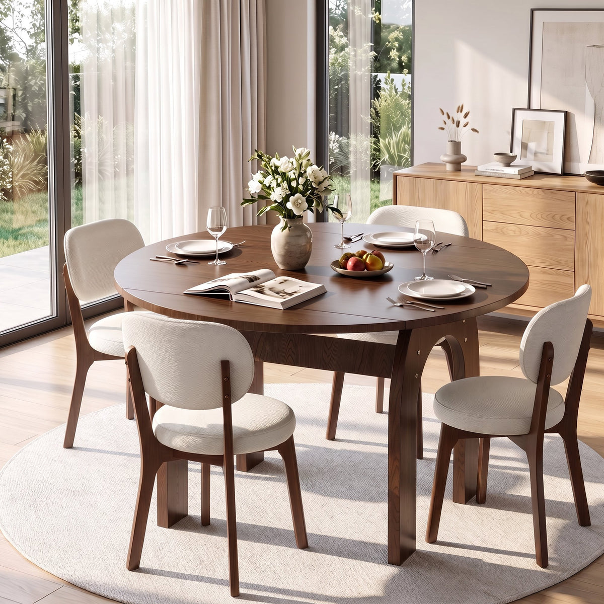 51.2" Solid Wood Extendable Dining Table, Converts Oval to Round with Walnut Finish, Sturdy Arch-Shaped Legs & Drop Leaf Design, Farmhouse Kitchen Table for Small Spaces, Easy Assembly