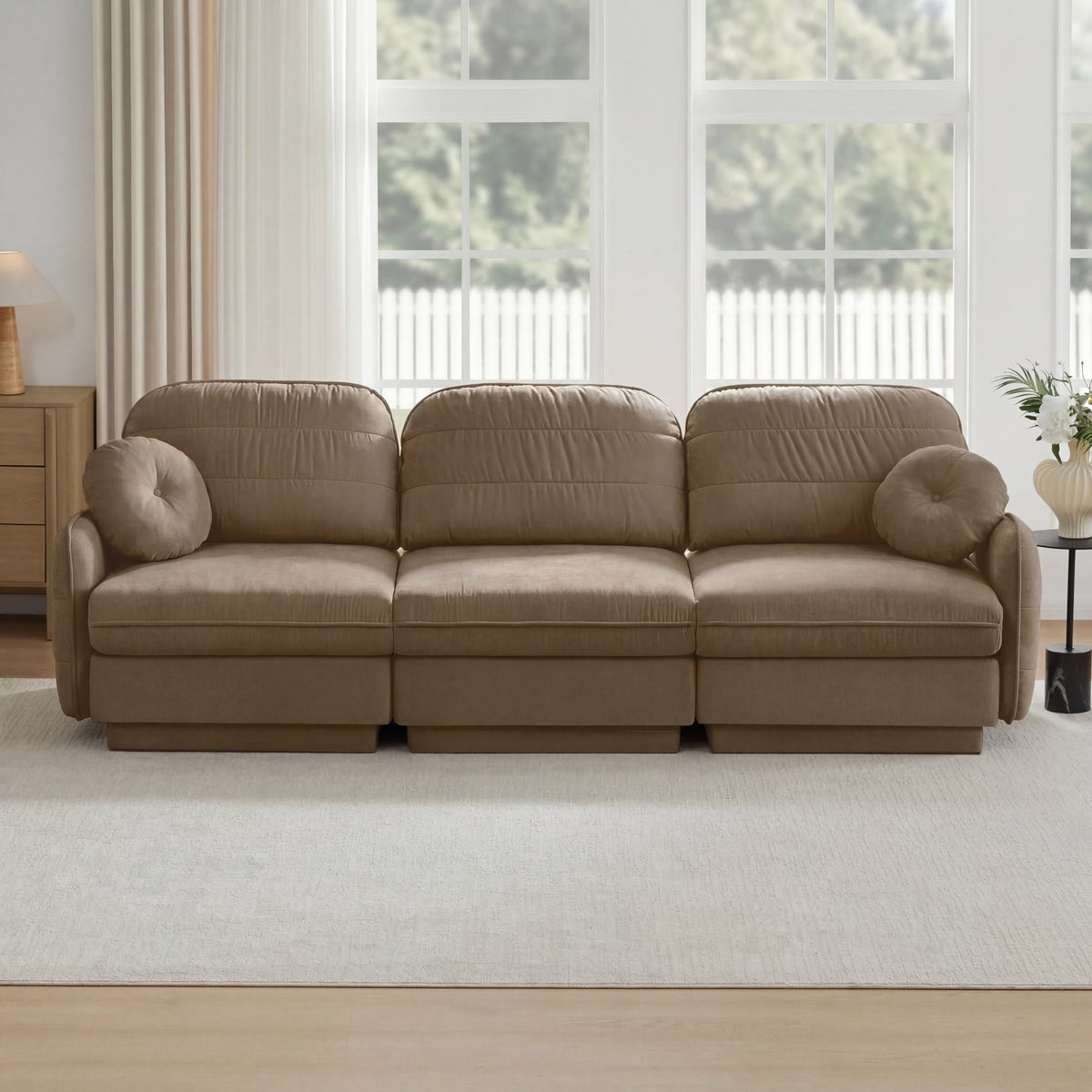 105'Chenille Cloud 3-Seater Sofa,Exquisite round pillows and quilted back cushions,Recessed Base Frame Legs,Ergonomic Design Bottom,Easy Assembly,Deep Seat Sofa Couch For Living Room,Light coffee