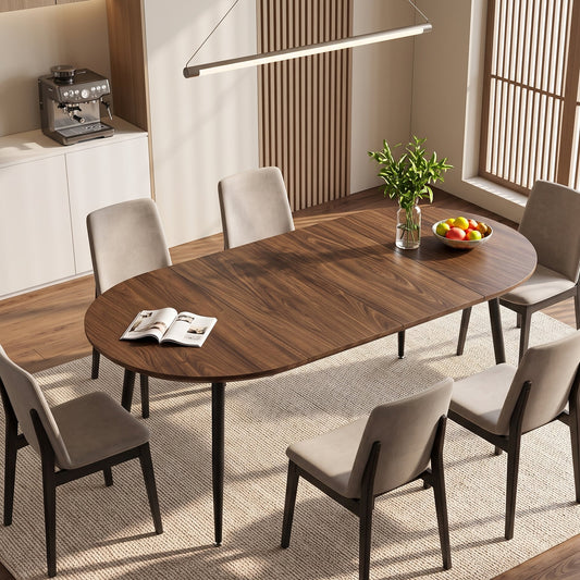 3-in-1 Extendable Dining Room Table, 39.4"- 71" Oval Kitchen Table Seats 2-8, Modern Walnut Wood Grain Top with 1.2" Beveled Edge & Powder Coated Carbon Steel Legs, Space Saving Table for Home