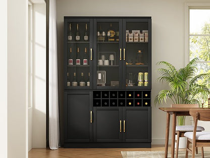 70.87'' Tall Wine Bar Cabinet with Glass Doors, Modern Liquor Cabinet with Removable 14-Bottle Wine Rack & Built-in Door Shelves, High-Capacity Home Bar Cabinet, Black70.87