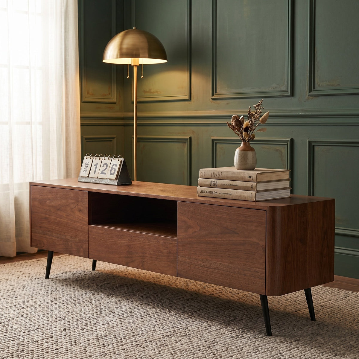 70.8-inch walnut TV stand, suitable for televisions up to 85 inches, featuring enclosed storage and cable management, soft-close hinges and iron legs, ideal for the living room RR