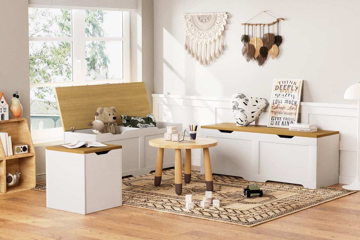 3-Piece L-Shaped Multi-Functional Storage Bench with Cushion, serving as a kitchen corner bench, toy storage box, or reading nook seat.