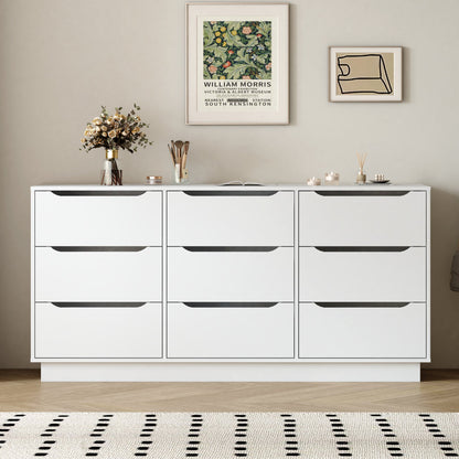 9 Drawer Dresser for Bedroom with Deep Drawers, Large Floor Wood Dressers & Chest of Drawers , Modern White Long Dressers for Closet Living Room
