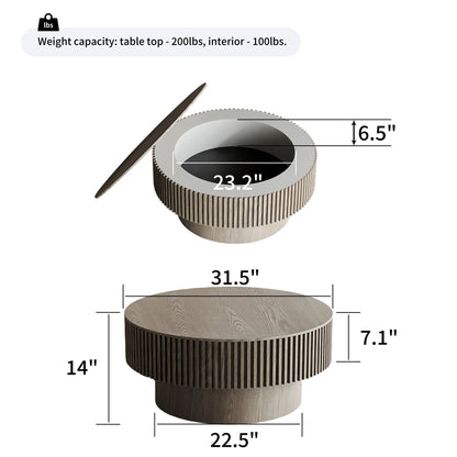 31.5'' Round Coffee Table with Storage Solid Wood Veneered Modern Coffee Table Accent Tea Table, Apartment or Office, Grey