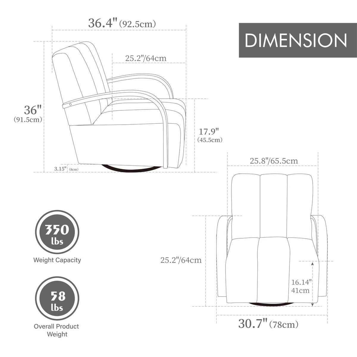 30.7"W Upholstered 360° Swivel Accent Chair with Solid Wood Armrests and Comfy Channel Tufted Lounge Reading Chair, Single Sofa Armchair for Hotel Bedroom Living Room Office and Bedroom. Charcoal