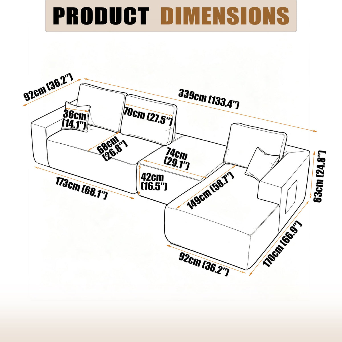 104" Cloud Sectional Sofa with U-Shape Chaise and Side Pockets, Modern Modular Design, Deep Seating, Upholstered Couch – Grey