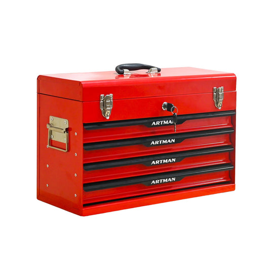 20-inch Steel Portable Tool Box With Drawers - Tool Storage Box Organizer With Metal Lock Closure Device - Powder-coated Tool Storage - RED