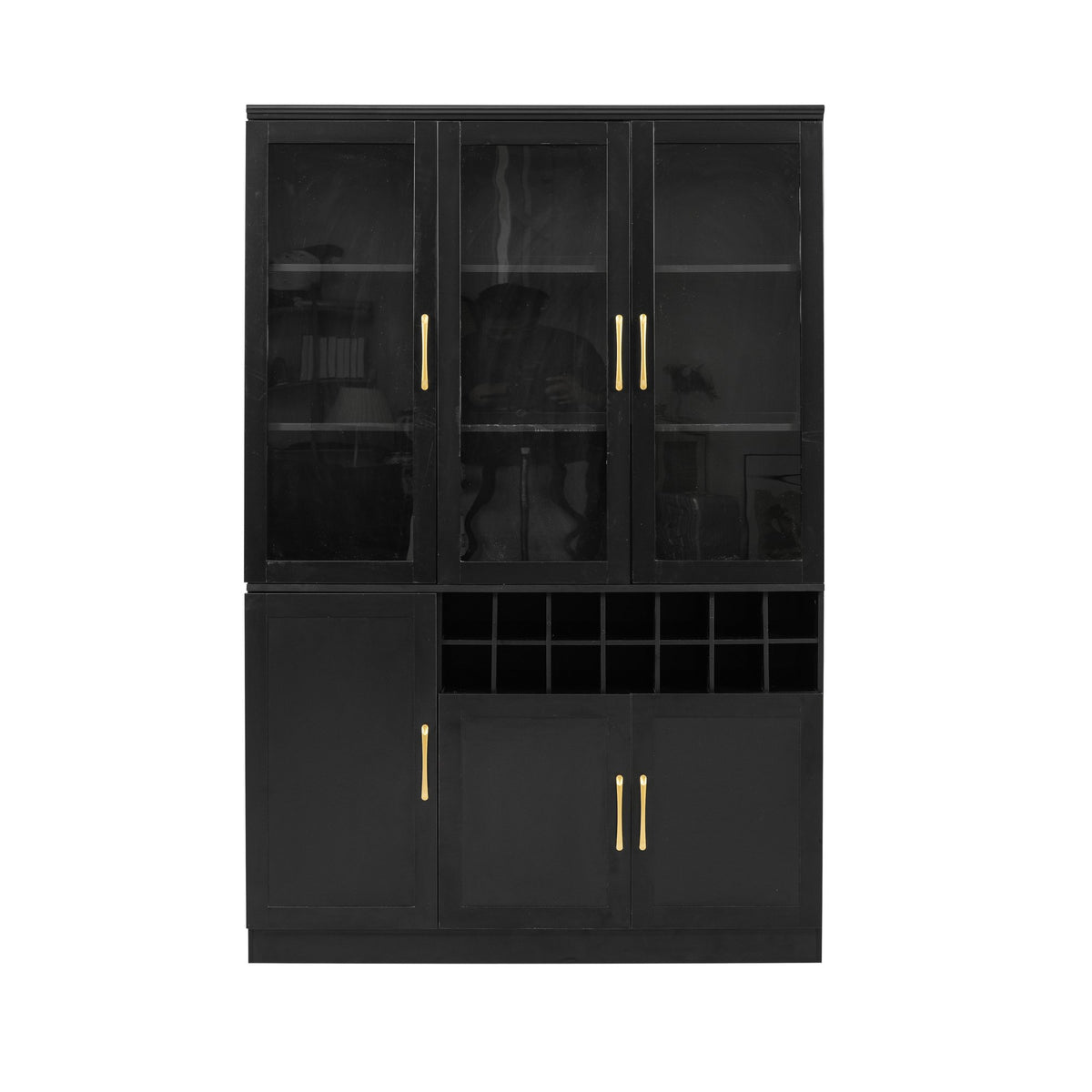 70.87'' Tall Wine Bar Cabinet with Glass Doors, Modern Liquor Cabinet with Removable 14-Bottle Wine Rack & Built-in Door Shelves, High-Capacity Home Bar Cabinet, Black70.87