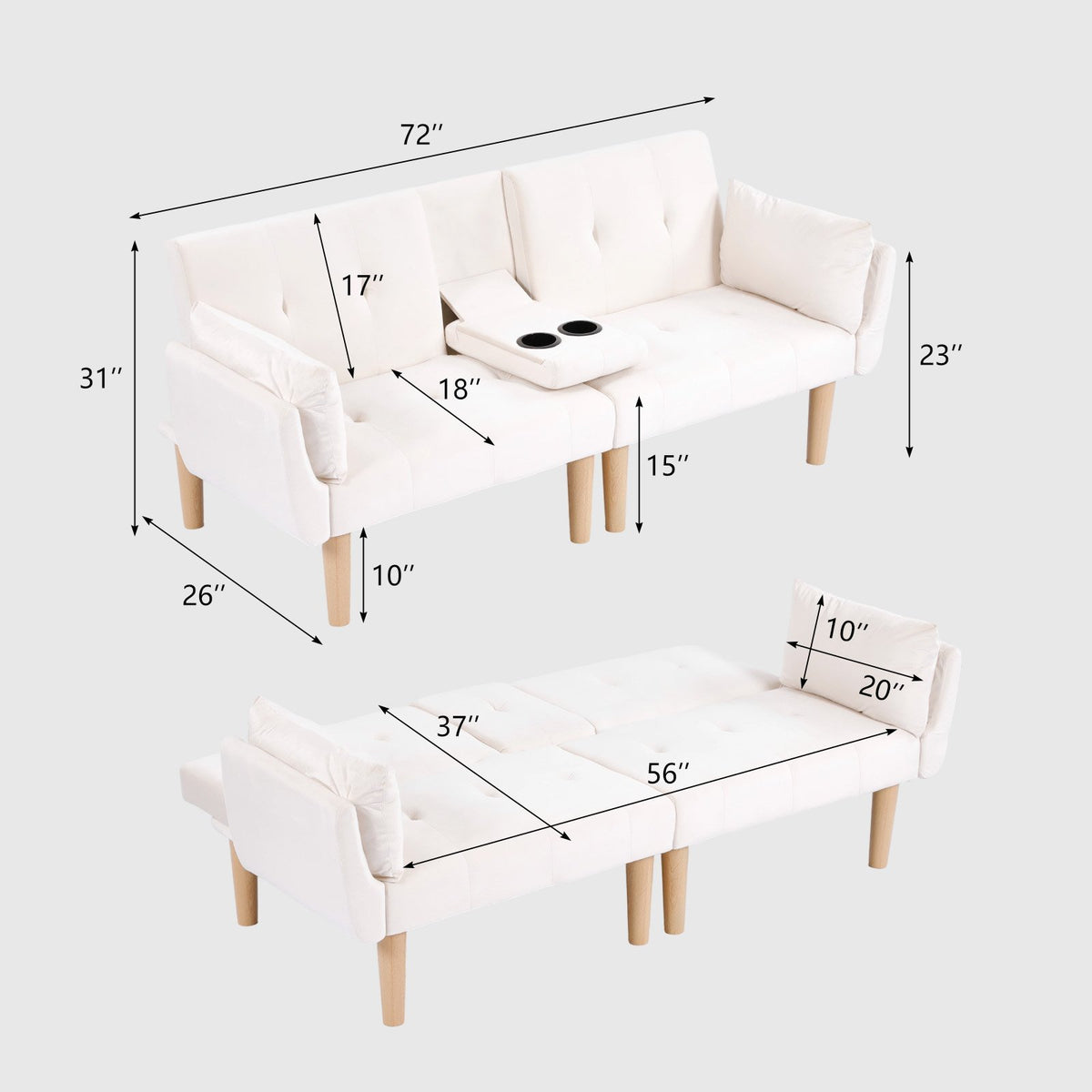 72 Inch Foldable Beige Double Sofa, Soft Velvet Upholstery, Comfortable Leisure 2‑Person Couch for Living Room Apartment.