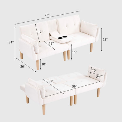 72 Inch Foldable Beige Double Sofa, Soft Velvet Upholstery, Comfortable Leisure 2‑Person Couch for Living Room Apartment.