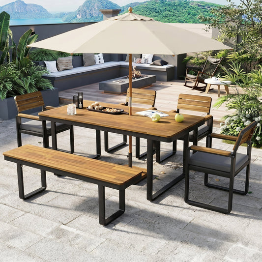 6-Piece Outdoor Dining Set, Acacia Wood, 1 Table with 4 Chairs & 1 Bench for 6-7 Person, Comfortable Cushions on Chairs, Adjustable Feet, for Patio, Garden, Backyard Dining, Gray Cushion