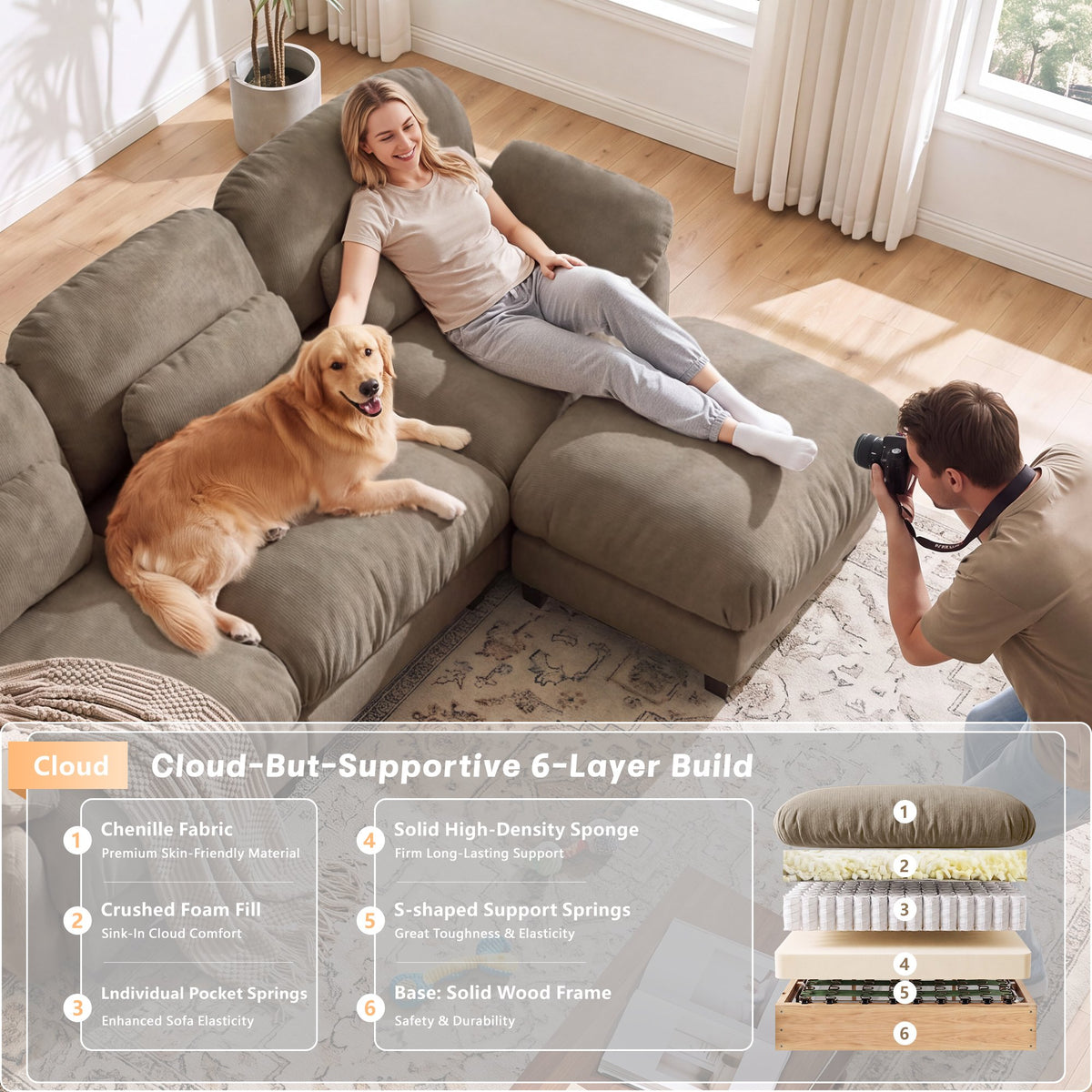 2 Seater L-Shaped Cloud Feel Sofa with Removable Ottoman, Cozy Chenille Modular Couch Set, Deep Seat Free Combination Furniture for Small Living Room, Brown