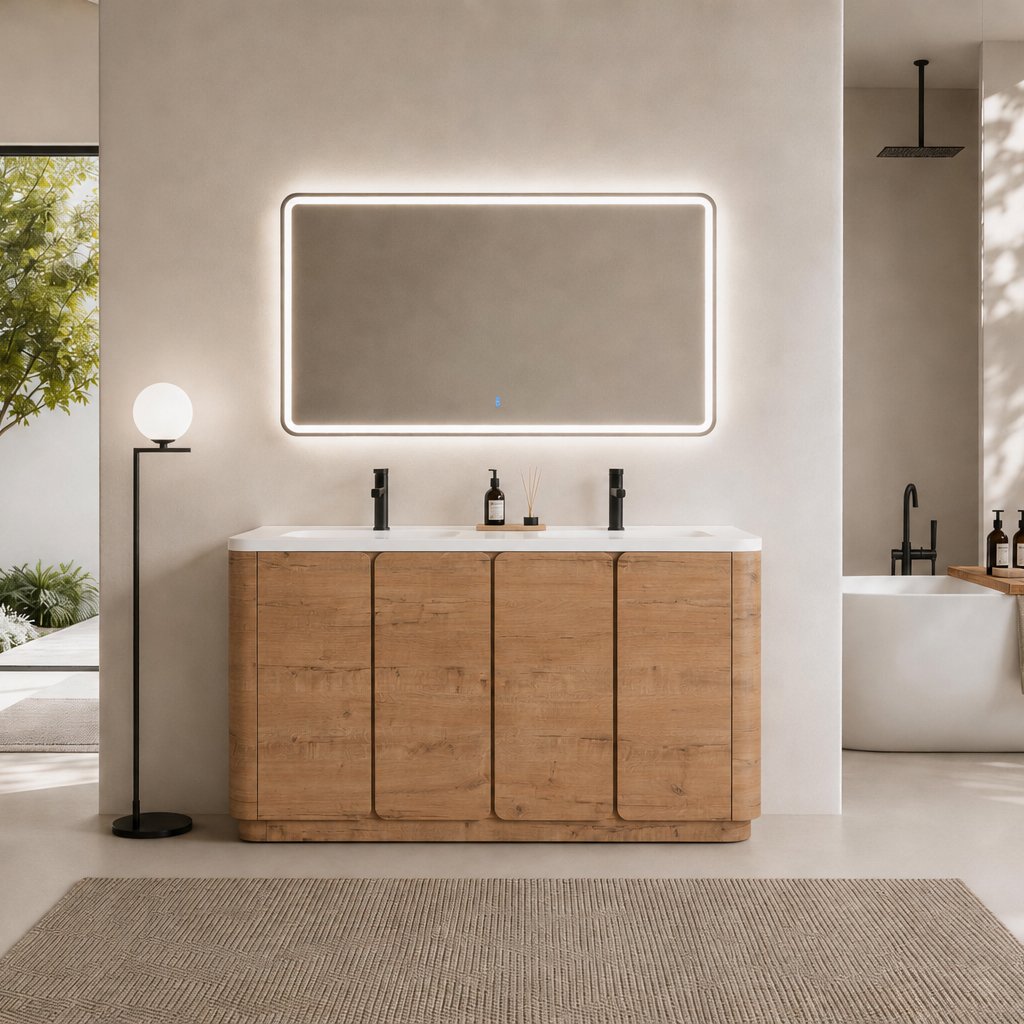 60'' Freestanding Bathroom Vanity with White Resin Sink, 4-Soft-Close Door, KD-Packing, Plywood, Imitative Oak