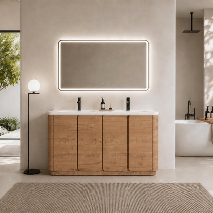 60'' Freestanding Bathroom Vanity with White Resin Sink, 4-Soft-Close Door, KD-Packing, Plywood, Imitative Oak